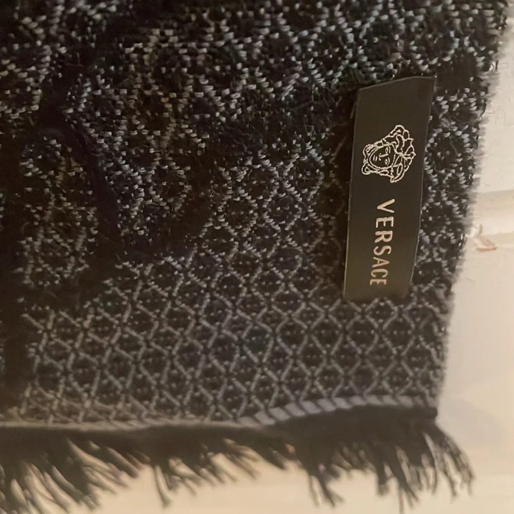 Versace Black and Charcoal Gray Geographic Medusa Fringed Scarf